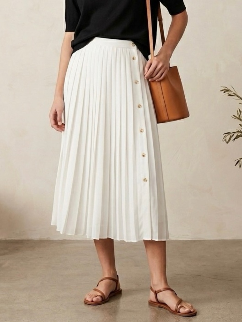 J. Crew White Pleated Midi Shirt with Gold Buttons